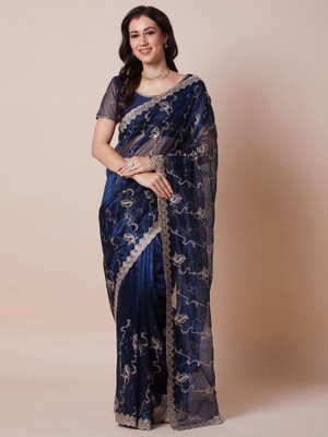 Tasrika Embroidered Bollywood Net Saree(Dark Blue)