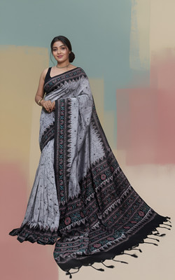 AKfasionN Printed Handloom Cotton Blend Saree(Grey)