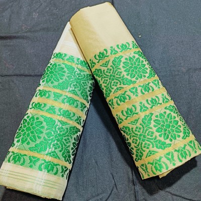 Umar Creation Woven Mekhela Chador Cotton Silk, Pure Cotton Saree(Green)