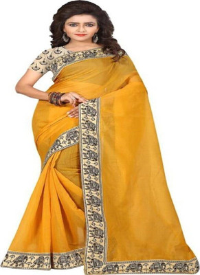 ROOP SUNDARI SAREES Dyed, Solid/Plain Chanderi Cotton Blend Saree(Gold, Mustard)