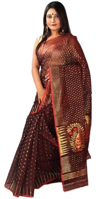 M STORE Embroidered Jamdani Cotton Silk Saree(Maroon)