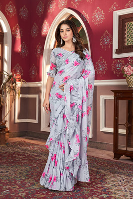sparrow art Floral Print Bollywood Georgette Saree(Grey, Pink)