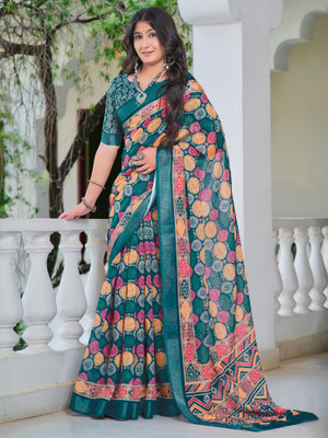 Anouk Rustic Digital Print Chinnalapattu Cotton Linen Saree(Blue)
