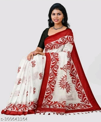SMRITI HANDLOOM Digital Print Madhubani Handloom Cotton Blend Saree(White)