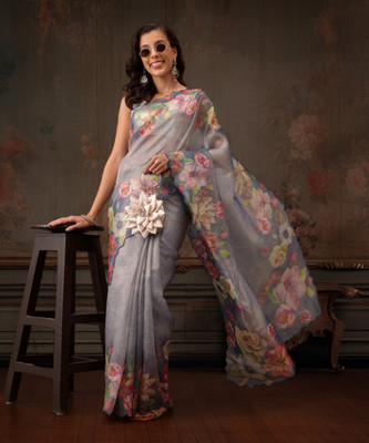 Divastri Floral Print Bollywood Tissue Saree(Blue)