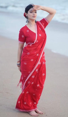 Anupam textile Self Design Handloom Cotton Blend Saree(Red)