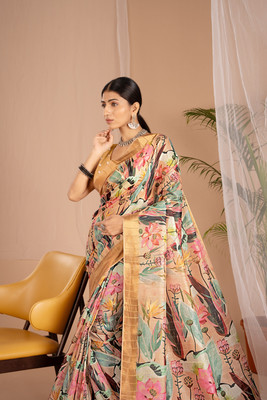 VELVETWARDROBE Printed Bollywood Silk Blend Saree(Yellow)