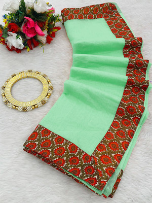 manish Floral Print Ikkat Cotton Blend Saree(Pack of 2, Light Green)