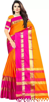 Fab Silk Woven Banarasi Cotton Silk Saree(Gold, Pink)
