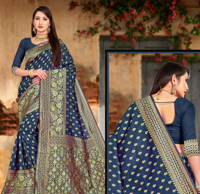 R K INFINITIVE Woven Kanjivaram Jacquard Saree(Dark Blue)