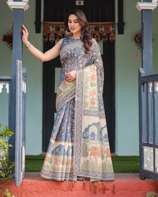 maharani couture Hand Painted Handloom Cotton Linen Saree(Blue)