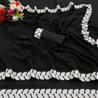 OKTAT Solid/Plain Bollywood Georgette Saree(Black, White)