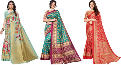 ANIRAV Woven Bhagalpuri Art Silk Saree(Pack of 3, Light Green, Blue, Red)