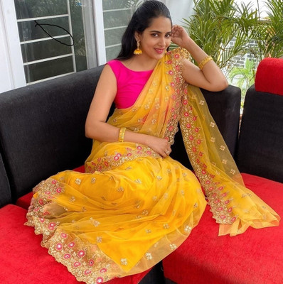 ShivGori Embroidered Bollywood Net Saree(Yellow)