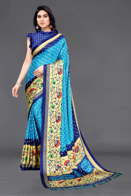 HouseOfCommon Printed Bandhani Silk Blend Saree(Blue)