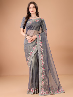 DEVKISONDESIGNER Embroidered Bollywood Net Saree(Grey)