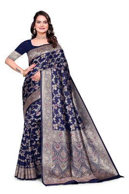 GHODTEXTILE Woven, Self Design, Floral Print, Temple Border Banarasi Pure Silk Saree(Dark Blue)