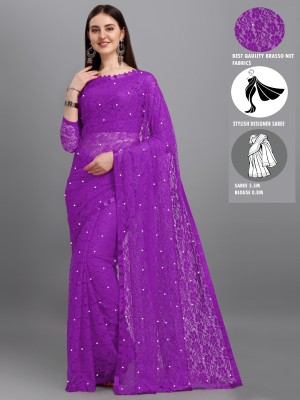 VANRAJ CREATION Self Design Bollywood Net Saree(Purple)