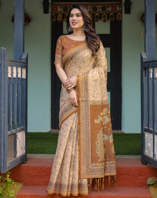 Tasrika Floral Print, Printed, Embellished Handloom Linen Saree(Brown, Beige)