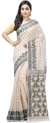 PuJoy Self Design Jamdani Pure Cotton Saree(Black, Beige)