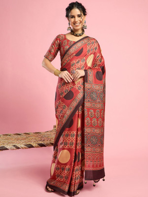 Tasrika Printed Hand Batik Silk Blend Saree(Red, Brown)
