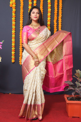 AMIRAT CLOTHING Woven Banarasi Silk Blend Saree(White)