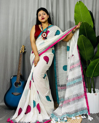 JONAKI Blocked Printed Handloom Mulmul, Khadi Saree(White)