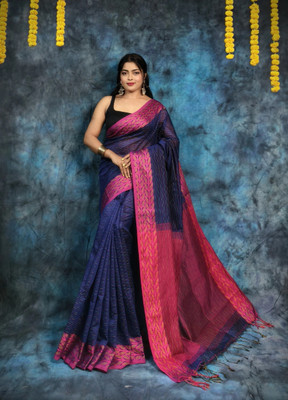 HouseOfCommon Printed Handloom Pure Cotton Saree(Dark Blue, Magenta)