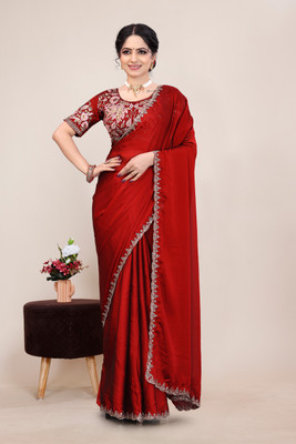 saanvi Self Design Bollywood Silk Blend Saree(Maroon)