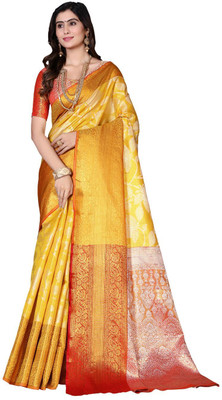jayant creation Self Design Kanjivaram Jacquard, Silk Blend Saree(Yellow)