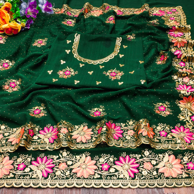KHRITI FAB Embroidered, Floral Print Bollywood Georgette Saree(Green)