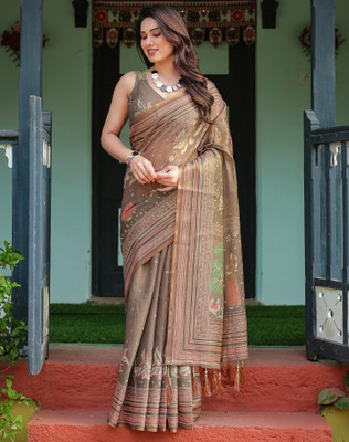 Tasrika Floral Print, Printed, Embellished Handloom Linen Saree(Grey)