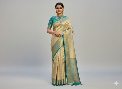 LOHEE Self Design Kanjivaram Pure Silk, Silk Blend Saree(Beige, Dark Green)