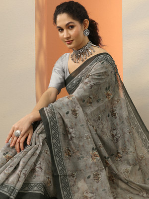 LIBAS Printed Daily Wear Silk Blend Saree(Grey)