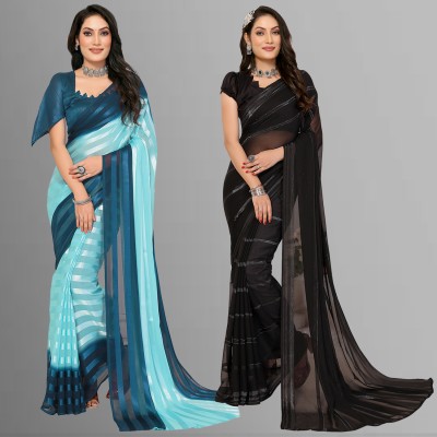 Anand Sarees Embellished, Ombre, Striped Bollywood Satin Saree(Pack of 2, Dark Blue, Light Blue, Black)