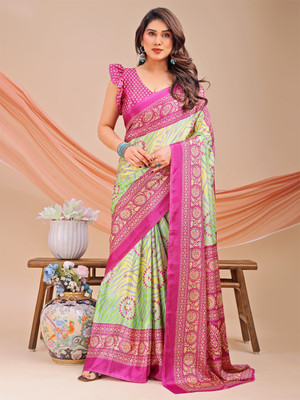 Vichitra Printed Daily Wear Silk Blend Saree(Light Green)