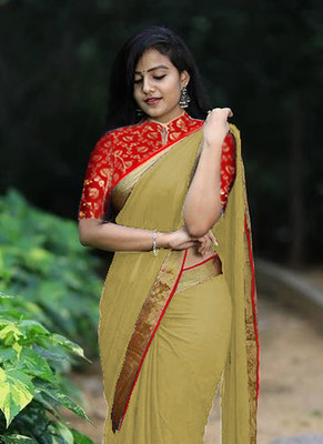 Sareez House Solid/Plain, Embellished Bollywood Georgette Saree(Beige)