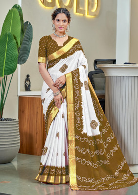 Divastri Blocked Printed, Printed Chanderi Cotton Blend Saree(White, Light Green)