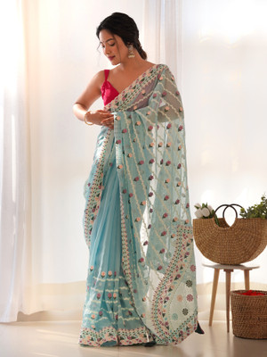Sareemall Embroidered Bollywood Net Saree(Light Blue)