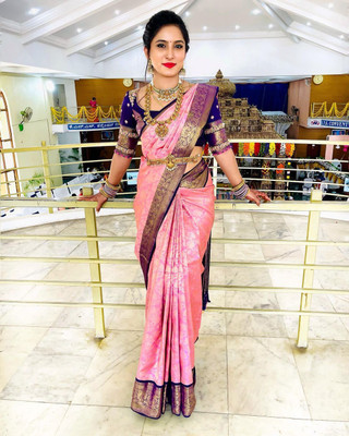 Bhakti Creative Printed Banarasi Silk Blend Saree(Pink)