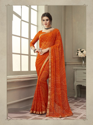 JustEthnic Geometric Print Bandhani Chiffon Saree(Orange)