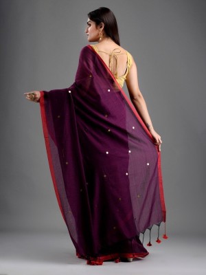 GHOSH TEXTILE Solid/Plain Handloom Cotton Blend Saree(Purple)