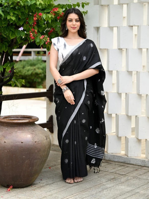 zyrah Self Design Saree with Attached Blouse Handloom Cotton Blend Saree(Black)