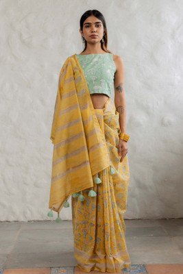 Moda Rapido Floral Print Chanderi Cotton Linen Saree(Multicolor)