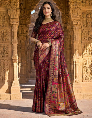Satrani Woven, Self Design, Embellished Banarasi Pure Silk Saree(Maroon)