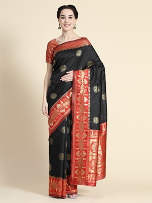VASTUKALA Woven Kanjivaram Pure Silk, Art Silk Saree(Black)