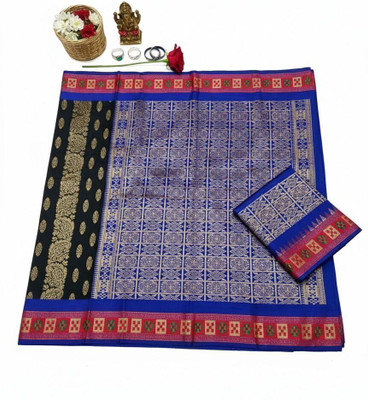 Arzoo kala textiles Woven, Self Design Chanderi Cotton Silk Saree(Blue, Black, Multicolor)