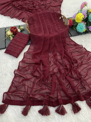 SDGRATITUDE Self Design Daily Wear Chiffon Saree(Maroon)