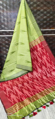 govind handloom Printed Bollywood Cotton Linen Saree(Red, Green)