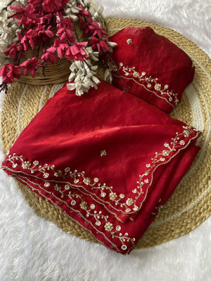 GOLDOLL FAB Embroidered Bollywood Satin Saree(Red)